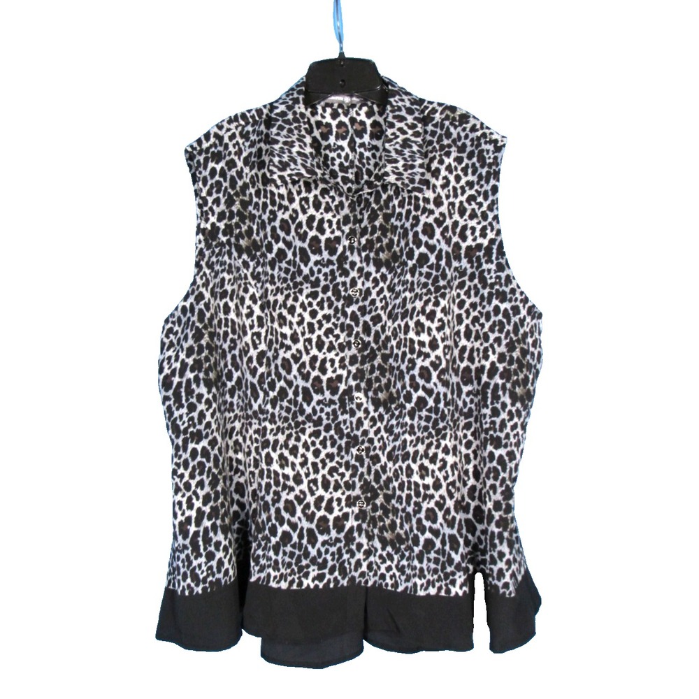 SIGNATURE Black/Blue SATIN Leopard SLEEVELESS Button-Up SWING HEM Blouse/Top 2X